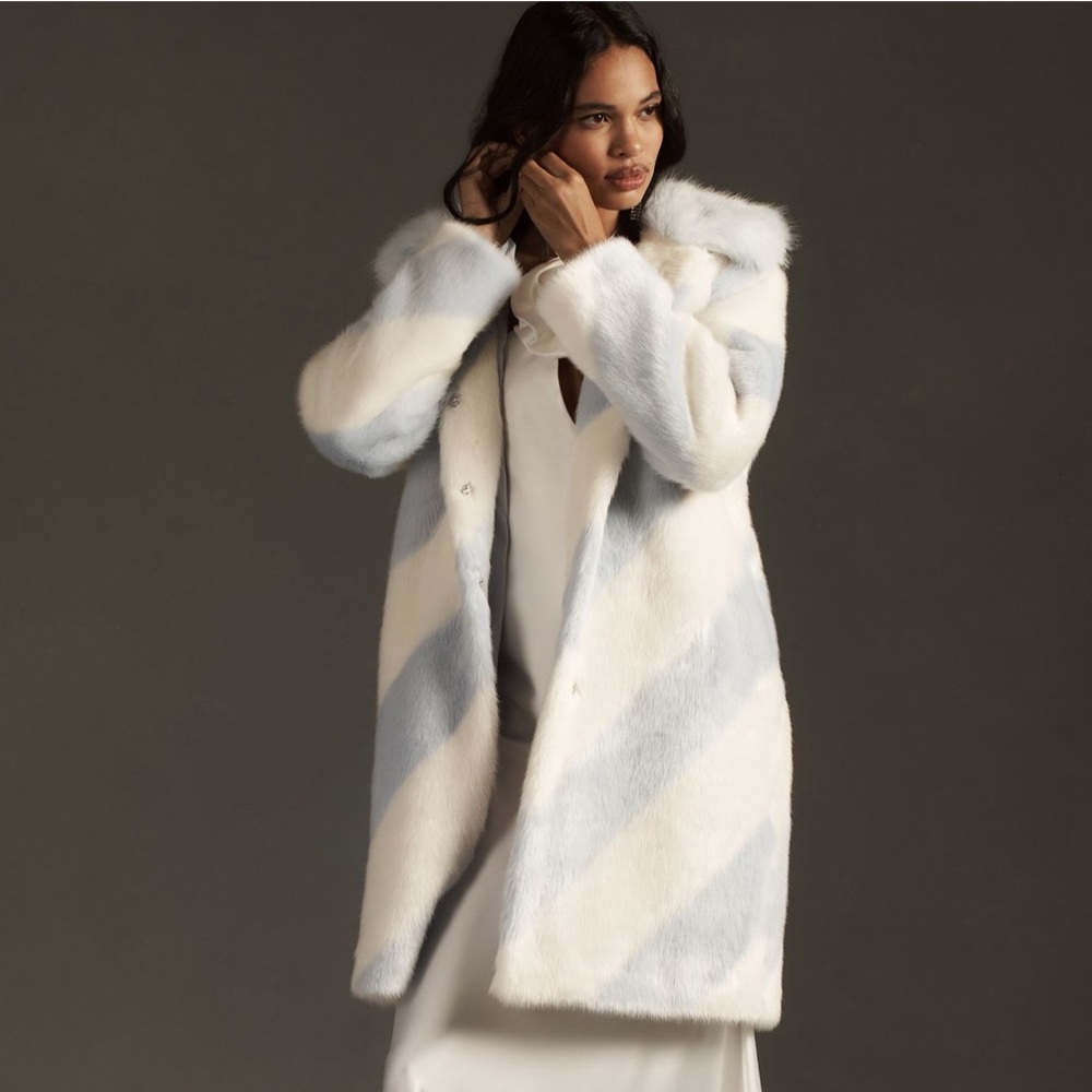Maeve by Anthropologie Faux Fur Stripe Coat – Blue/Ivory – Size L – NWT